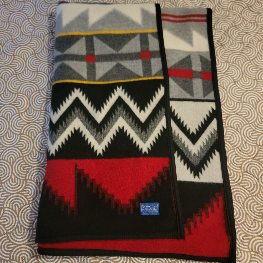 VTG Pendleton Beaver State Wool Cotton Blanket Reversible 64" x 80" Tribal Aztec